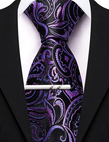 Barry.Wang Paisley/Floral Men Necktie with Tie Clip Silk Tie Formal Wedding Party Business in Kuwait