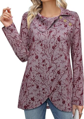 Bebonnie Women's Long Sleeve Lapel Neck Lightweight Sweatshirt Pullover Tunic Tops with Buttons in Saudi Arabia