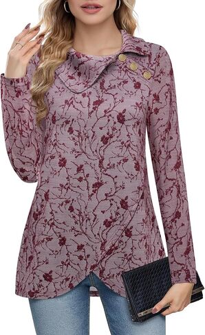 Bebonnie Women's Long Sleeve Lapel Neck Lightweight Sweatshirt Pullover Tunic Tops with Buttons in Saudi Arabia