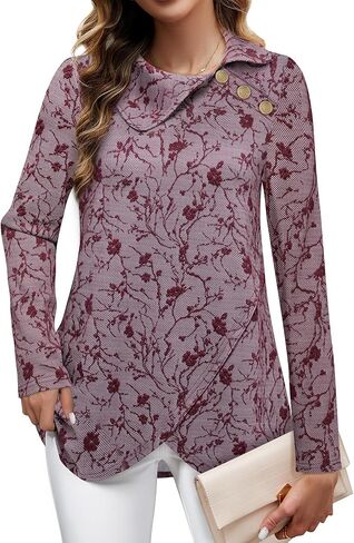 Bebonnie Women's Long Sleeve Lapel Neck Lightweight Sweatshirt Pullover Tunic Tops with Buttons in Saudi Arabia
