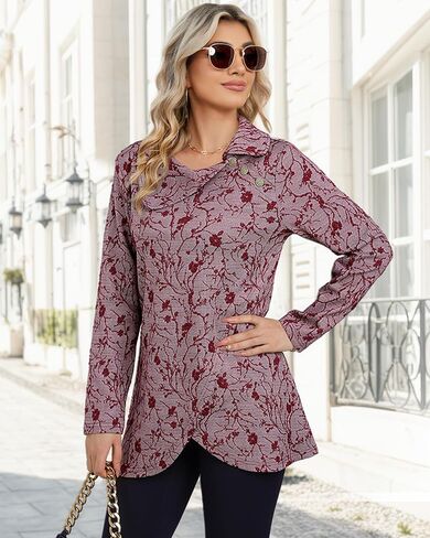 Bebonnie Women's Long Sleeve Lapel Neck Lightweight Sweatshirt Pullover Tunic Tops with Buttons in Saudi Arabia