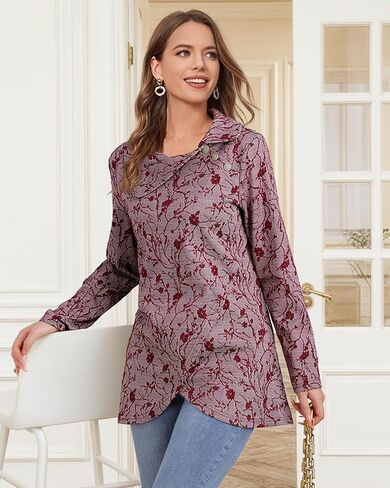 Bebonnie Women's Long Sleeve Lapel Neck Lightweight Sweatshirt Pullover Tunic Tops with Buttons in Saudi Arabia