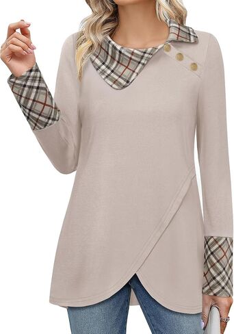 Bebonnie Women's Long Sleeve Lapel Neck Lightweight Sweatshirt Pullover Tunic Tops with Buttons in Saudi Arabia