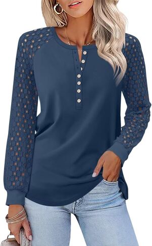Minetom Women's Lace Long Sleeve Tops Henley Shirts Casual Blouses T Shirts Fall Clothes in Saudi Arabia
