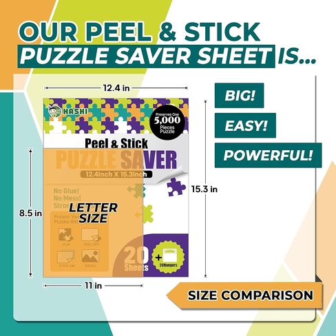HASHI Puzzle Saver 4 Sheets (12.4 x 15.3 Inches) with 4 Hangers, Preserve 1 x 1000 Piece Puzzle, Jigsaw Puzzle Glue Sheets, Easy Peel & Stick, No Mess, Puzzle Backing Adhesive Sheets in Kuwait