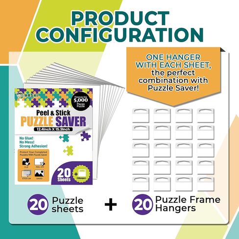 HASHI Puzzle Saver 4 Sheets (12.4 x 15.3 Inches) with 4 Hangers, Preserve 1 x 1000 Piece Puzzle, Jigsaw Puzzle Glue Sheets, Easy Peel & Stick, No Mess, Puzzle Backing Adhesive Sheets in Kuwait