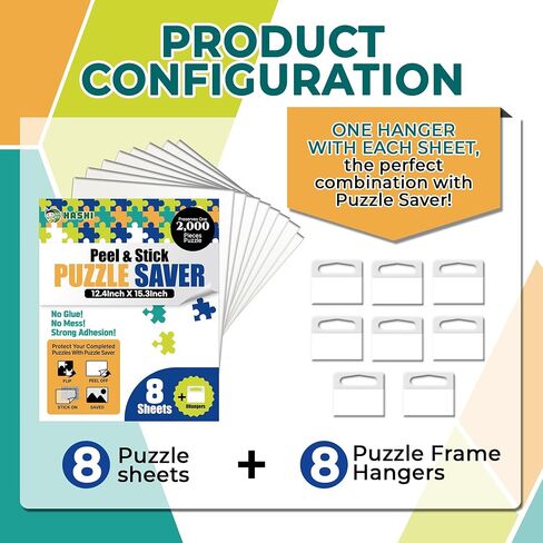 HASHI Puzzle Saver 4 Sheets (12.4 x 15.3 Inches) with 4 Hangers, Preserve 1 x 1000 Piece Puzzle, Jigsaw Puzzle Glue Sheets, Easy Peel & Stick, No Mess, Puzzle Backing Adhesive Sheets in Kuwait