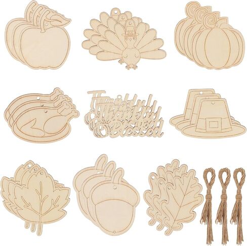Lucleag 27Pcs Thanksgiving Wooden Hanging Ornaments, Unfinished Fall Turkey Pumpkin Chestnut Maple Leaf DIY Wooden Crafts for Kids, DIY Wooden Decor with Hemp Rope for Thanksgiving Party Supplies in Saudi Arabia