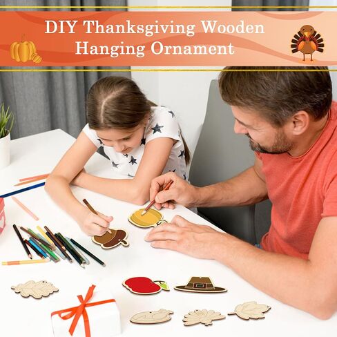Lucleag 27Pcs Thanksgiving Wooden Hanging Ornaments, Unfinished Fall Turkey Pumpkin Chestnut Maple Leaf DIY Wooden Crafts for Kids, DIY Wooden Decor with Hemp Rope for Thanksgiving Party Supplies in Saudi Arabia