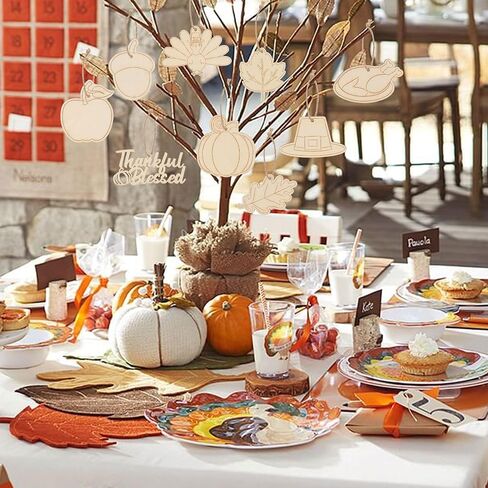 Lucleag 27Pcs Thanksgiving Wooden Hanging Ornaments, Unfinished Fall Turkey Pumpkin Chestnut Maple Leaf DIY Wooden Crafts for Kids, DIY Wooden Decor with Hemp Rope for Thanksgiving Party Supplies in Saudi Arabia