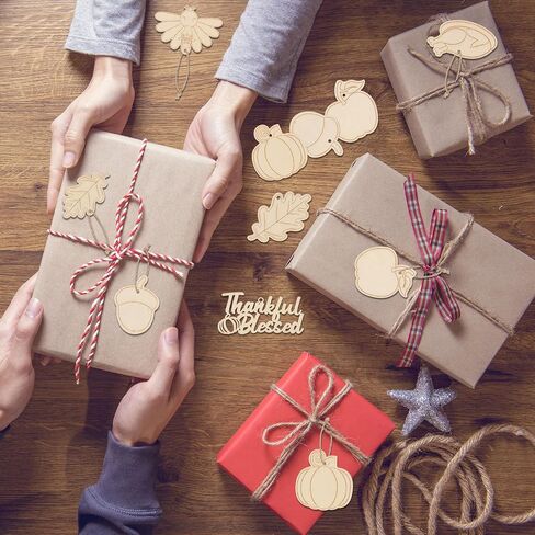 Lucleag 27Pcs Thanksgiving Wooden Hanging Ornaments, Unfinished Fall Turkey Pumpkin Chestnut Maple Leaf DIY Wooden Crafts for Kids, DIY Wooden Decor with Hemp Rope for Thanksgiving Party Supplies in Saudi Arabia