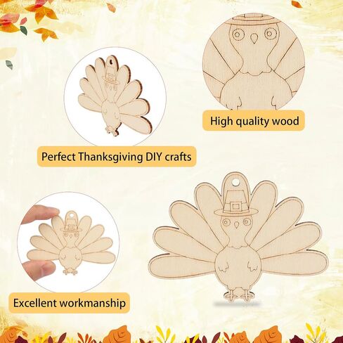 Lucleag 27Pcs Thanksgiving Wooden Hanging Ornaments, Unfinished Fall Turkey Pumpkin Chestnut Maple Leaf DIY Wooden Crafts for Kids, DIY Wooden Decor with Hemp Rope for Thanksgiving Party Supplies in Saudi Arabia