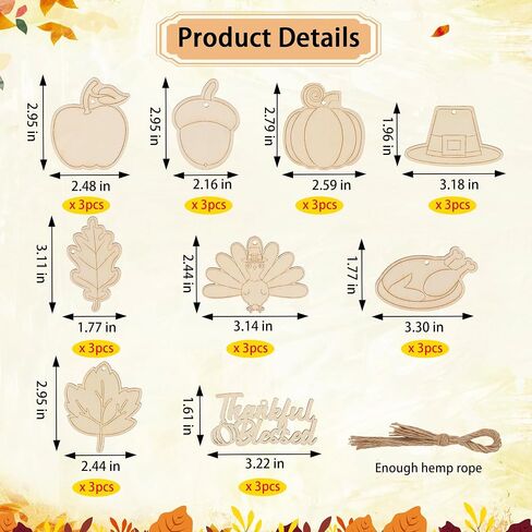 Lucleag 27Pcs Thanksgiving Wooden Hanging Ornaments, Unfinished Fall Turkey Pumpkin Chestnut Maple Leaf DIY Wooden Crafts for Kids, DIY Wooden Decor with Hemp Rope for Thanksgiving Party Supplies in Saudi Arabia