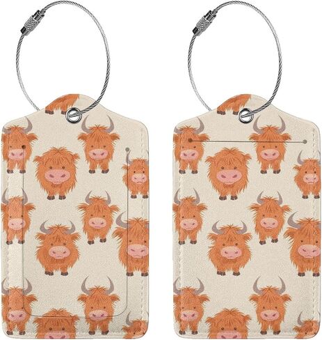 2 Pack Cartoon Cute Highland Funny Cow Luggage Tags for Suitcases, Leather Baggage Tag with Loop, Funny Cool Name Id Card Cover Travel Bag Labels Set for Women Men Boys Girls Kids in Saudi Arabia