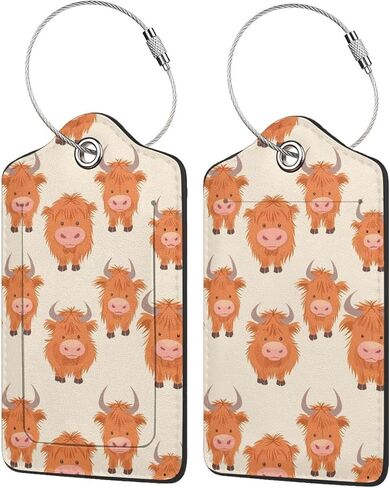2 Pack Cartoon Cute Highland Funny Cow Luggage Tags for Suitcases, Leather Baggage Tag with Loop, Funny Cool Name Id Card Cover Travel Bag Labels Set for Women Men Boys Girls Kids in Saudi Arabia