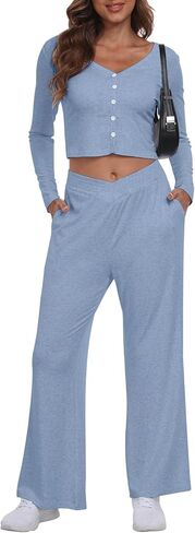 ملابس YUNDAI النسائية المكونة من قطعتين ورقبة على شكل حرف V كاجوال للخريف وأكمام طويلة وبنطلون مع جيب in Kuwait