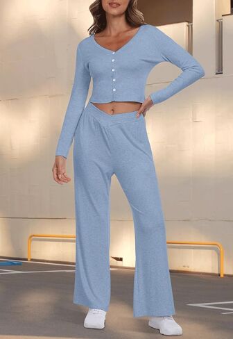 ملابس YUNDAI النسائية المكونة من قطعتين ورقبة على شكل حرف V كاجوال للخريف وأكمام طويلة وبنطلون مع جيب in Kuwait