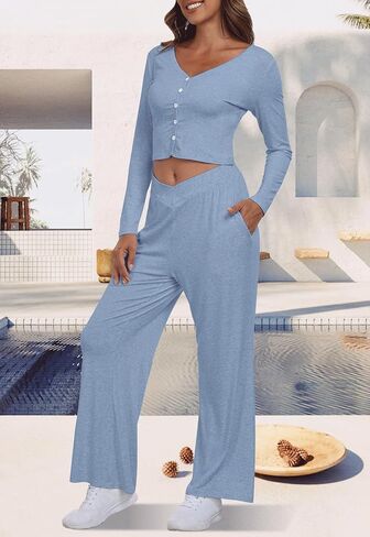 ملابس YUNDAI النسائية المكونة من قطعتين ورقبة على شكل حرف V كاجوال للخريف وأكمام طويلة وبنطلون مع جيب in Kuwait