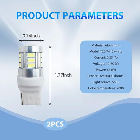 UGSHY 2 قطعة سيارة T20 7440 إشارة الانعطاف، شرائح LED عالية السطوع وتبديد الحرارة الفائق عكس ضوء الفرامل، 1: 1 قطع غيار لمبة الإضاءة الأصلية للقابس والتشغيل، عالمية للسيارة (أبيض) in Kuwait