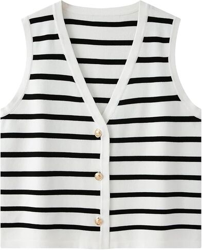 Womens Casual Striped Sleeveless Sweater Vest V Neck Knitted Button Tank Top in Saudi Arabia