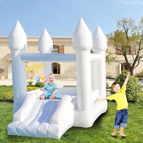 White Bounce House, Inflatable Bounce House with Slide, Inflatable Bounce Castle with Air Blower for Wedding Party Kids Birthday Party, Durable Oxford Cloth