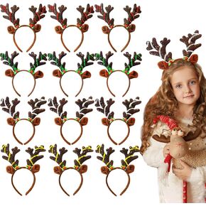12 Pcs Christmas Reindeer Antlers Headband,Christmas Reindeer Ears Headband with Glitter Sequins,Christmas Headpiece Deer Hairbands for Kids Adults Christmas Holiday Photo Booth Props Party Favors