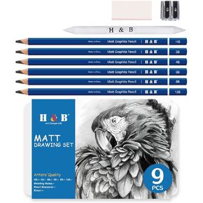 H & B 12 PCS Pencil Drawing Kit, H-4H, F, HB, B-6B Graphite and Charcoal Sketch Pencil Set for Beginners, Professional Artists