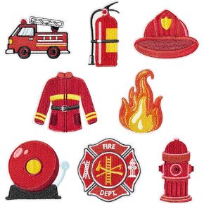 8Pcs Firefighter Iron on Patches Cartoon Firetruck Fire Extinguishers Helmet Sew on Repair Embroidered Applique Fireman Firefighting Role Play Costume DIY Craft Gift for Clothing Backpack Hat
