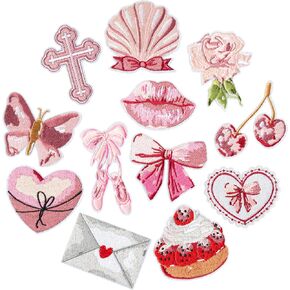 12 Pcs Coquette Iron On Patches Pink Bowcore Sew on Repair Embroidered Applique Vintage Aesthetic Ballet Style Butterfly Lip Cherry Rose Cross Cake DIY Craft Gifts for Girls Women Clothes Backpack Hat