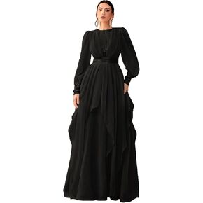 Women's Chiffon Long Sleeves Sequin Prom Maxi Dress Ruffle Hem Formal Evening Party Gowns