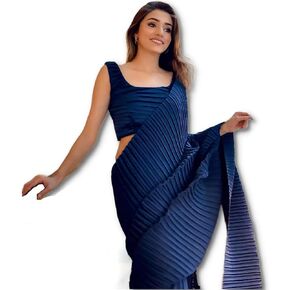 Women's Full Crushed/Pleated Satin Saree With Unstitched Blouse Piece