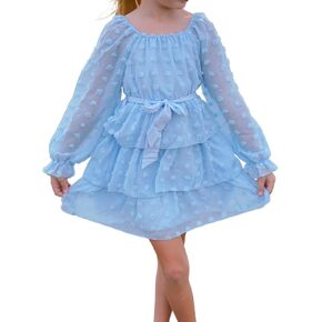 HIHA Toddler Little Girls Swiss Dot Dress Long Sleeve Chiffon A-Line Dresses Size 4-12