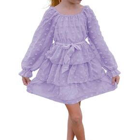 HIHA Toddler Little Girls Swiss Dot Dress Long Sleeve Chiffon A-Line Dresses Size 4-12