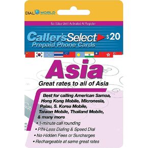 Up to 1950 Minutes for $20 Caller's Select Asia Phone Calling Card Calls to India, South Korea, Thailand, China, Taiwan, Pakistan, Hong Kong, Indonesia, Singapore, Laos, Malaysia, Vietnam and More. in Saudi Arabia