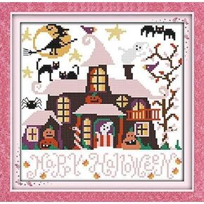 Happy Forever Cross Stitch Kits 11CT Stamped Patterns for Kids and Adults, DIY Preprinted Embroidery kit for Beginner, Halloween (K205 Halloween hut, Size 11''x10'')