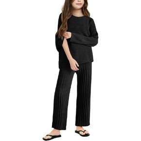 Haloumoning Girls 2 Piece Outfits Sweater Knit Pullover Tops and Pants Lounge Set Kids Winter Clothing Sets 4-14 Years