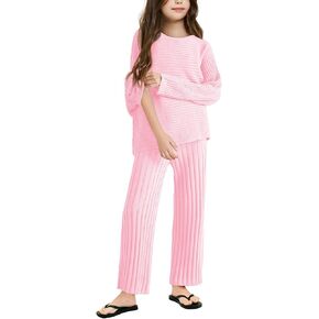 Haloumoning Girls 2 Piece Outfits Sweater Knit Pullover Tops and Pants Lounge Set Kids Winter Clothing Sets 4-14 Years