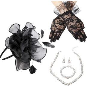 5Pcs Fascinator Hats with Lace Gloves Sets for Women Tea Party Cocktail Wedding Derby Hat Bridal Headwear Short Gloves