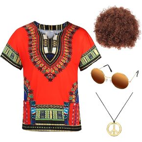 Ultrafun Hippie Costume for Men 60s 70s Hippie Outfits Afro T-Shirt Wig Accessories Set for Theme Parties