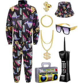 80s 90s Outfit for Men, 9 Pcs 80s 90s Costume Tracksuit Accessories Hat Hip Hop Rapper