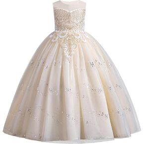 IDOPIP Sequin Flower Girl Dress for Kids Wedding Bridesmaid Pageant Party Formal Long Gown Princess Communion Tulle Dresses