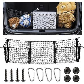 Detachable Cargo Net for Car, Expandable 3 Pocket Heavy Duty Cargo Net Organizer with 4 Metal Carabiners, Compatible with SUVs, Cars, Pickup Trucks, Van Trunk Beds