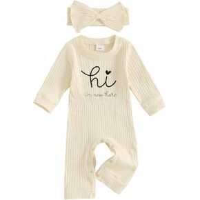 ZAXARRA Newborn Baby Girl Coming Home Outfit Solid Color Ruffle Long Sleeve Footies Romper Infant Fall Bow Headband Clothes