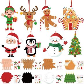 64 Pcs Christmas Ornament Crafts Make Your Own Ornament Kit with Christmas Craft Stickers DIY Christmas Cutouts with Snowman Christmas Tree Gingerbread Crafts Sticker for Christmas Tree Party Supplies