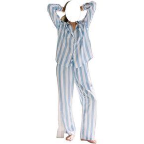Argeousgor Women Y2k 2 Piece Pajamas Sets Striped Long Sleeve Button Down Shirt Top Straight Wide Leg Pants Lounge Outfits