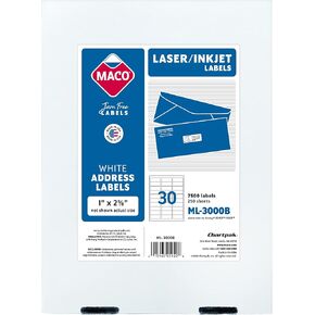 MACO Printable Labels for Mailing - Laser/Ink Jet Compatible Shipping Address Labels, 30 per Sheet, 1" x 2-5/8", Box of 250 Pages/7500 Labels, White