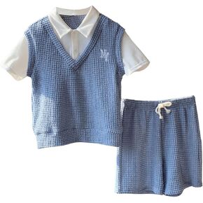 Boys 2 Piece Preppy Outfits Waffle Knit Collared Button Letter Tee Tops and Drawstring Waist Shorts Set