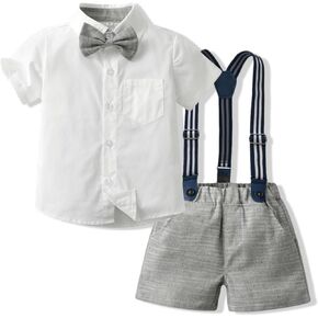 Toddler Boy Summer Gentleman Outfits Short Sleeve Shirt with Bowtie Suspender Shorts Suit 1-8 Years