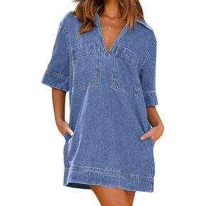 CHARTOU Women Loose Denim Dress Short Sleeve Casual Summer Dress Turn Down Pullover Vintage Tunic Jean Dress