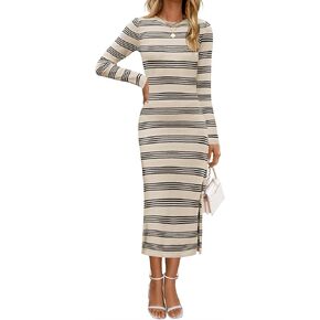 ZESICA Women's Fall Long Sleeve Striped Knit Midi Dresses Crewneck Side Slit Bodycon Sweater Dress